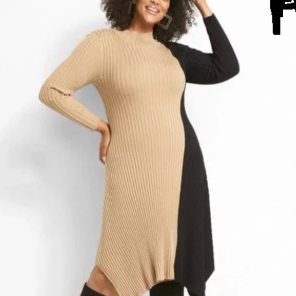 Lane Bryant Mock Neck Tan Colorblock Midi Sweater Dress Plus Size 18/20 NWOT - Picture 1 of 9